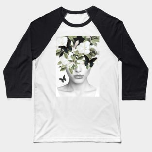 Woman With Flowers and Butterflies 3 Baseball T-Shirt